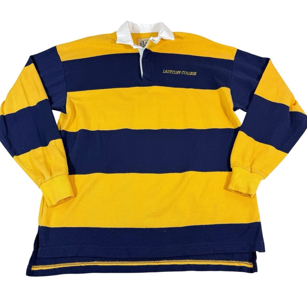 Vtg Dehen Ladycliff College Rugby Polo Shirt Mens LG Colorblock LS Yellow Navy - Picture 1 of 10